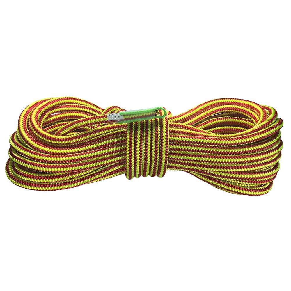 Coiled rope XP-e Highlight with red and yellow pattern and green protective cover on the loop