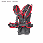 upMOTION SRT, black and red climbing harness with drinking tube and hydration bladder on white background