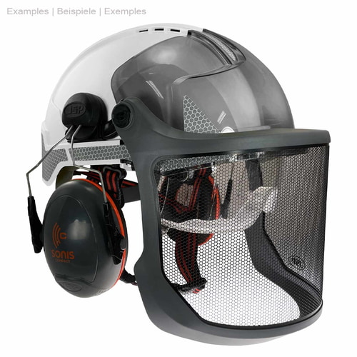 Evoguard M3 Forestry Visor with grey frame and black mesh fabric on a white helmet with headphones