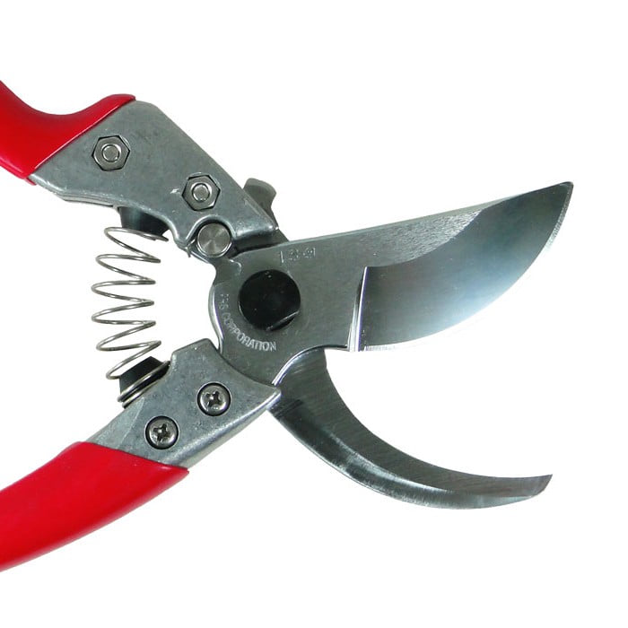 ARS Profi VS-9XZ Pruning Shears with Red Handles and Open Blade, Visible Spring Mechanism and Screws on Metal Body
