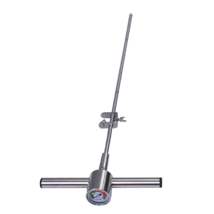 Agreto Penetrometer, a metal device with two horizontal handles and a vertical rod with measuring scale and display