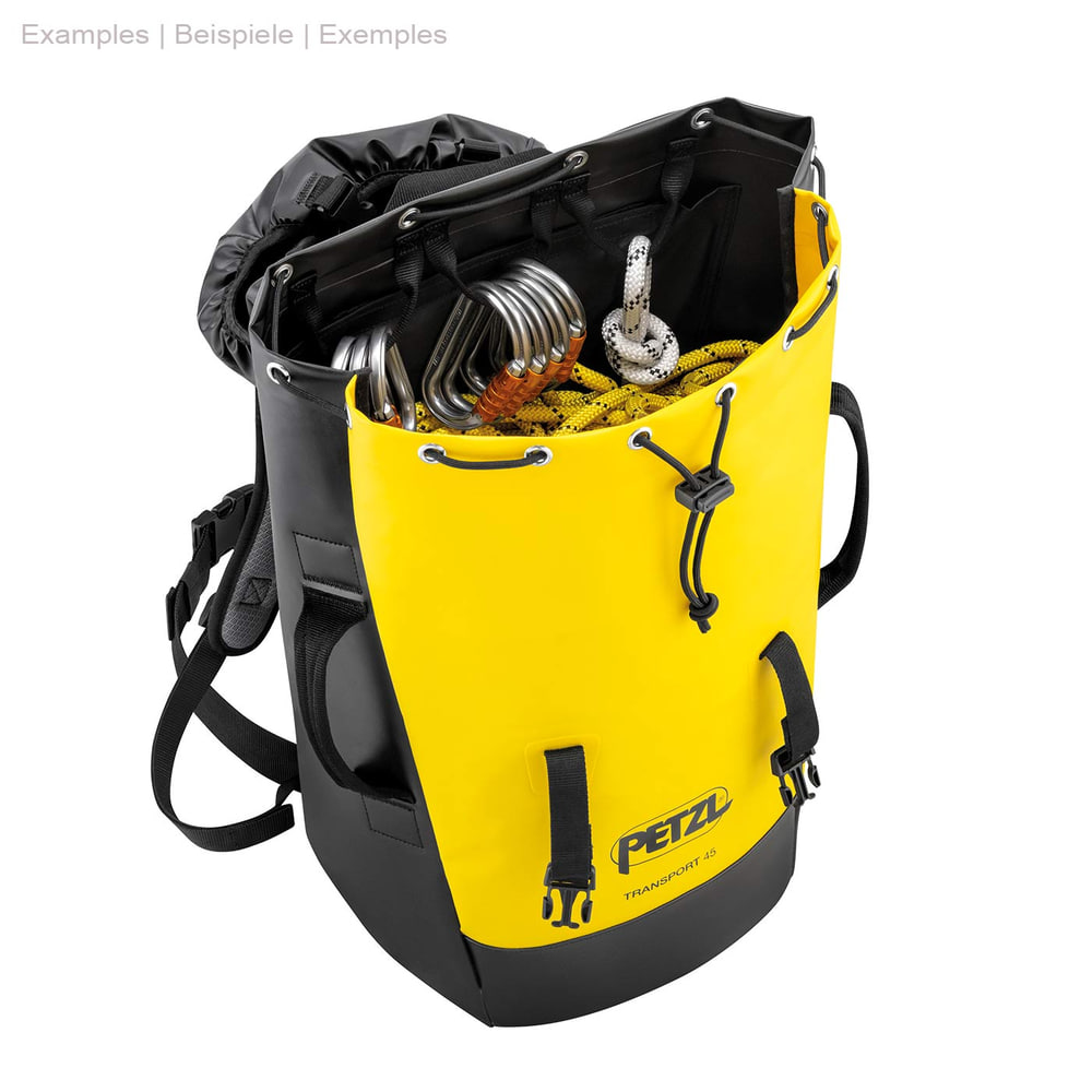 Petzl Transport 45 Backpack in yellow and black open, showing climbing equipment such as carabiners and ropes inside