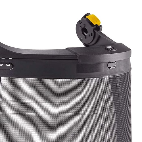 Vizen mesh face shield, detail of the upper frame with yellow locking element and mesh fabric