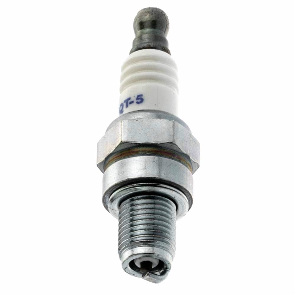 HQT-5 spark plug with metallic thread and white ceramic insulator with "HQT-5" written on it