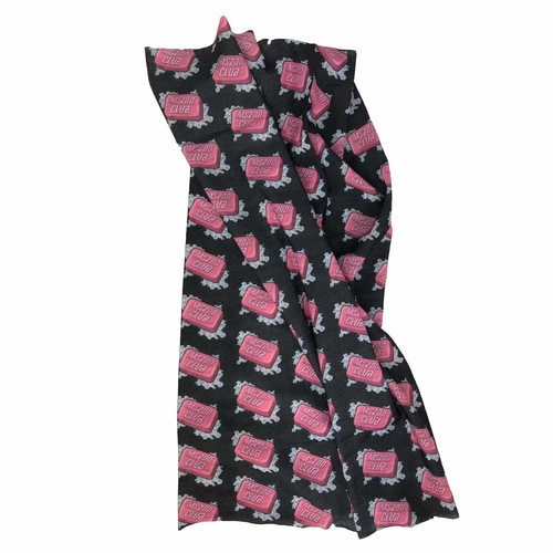 MS200 Club black multifunctional scarf with pink MS200 Club logos and grey patterns, lying and slightly folded