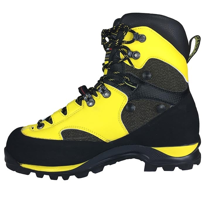 Quickstep Boot EZloop by Arbpro, side view of a yellow and black mountain boot with laces