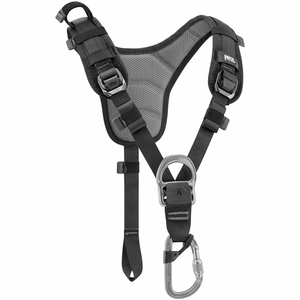 Top by Petzl, black shoulder strap with grey padded back panel and metal eyelets at the front, snap hook attached