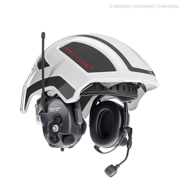 White PROTOS® helmet with black and red lettering, mounted black communication headpiece with microphone and antenna