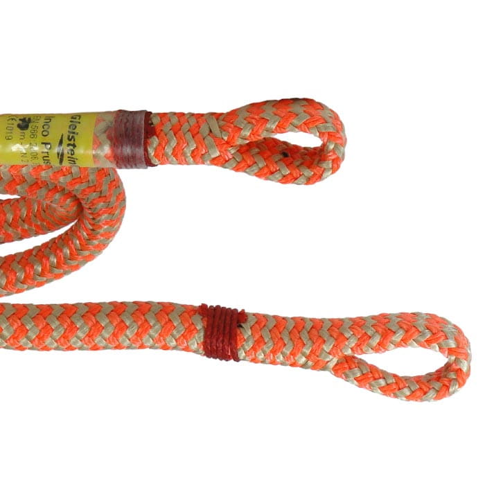 Close-up of the Inco rope with orange-beige pattern, two loops at the ends and a yellow label at the end of the rope, manufacturer's name not visible