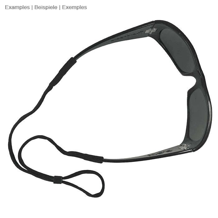 Black sunglasses with eyeglass strap, no manufacturer's specs, top view with visible eyeglass strap