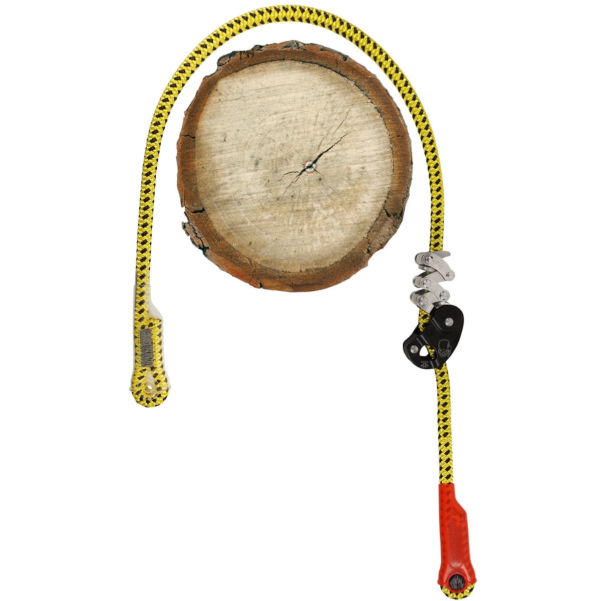 Zillon short safety device with yellow and black pattern, attached to a piece of wood, with metal and plastic parts at the end of the rope