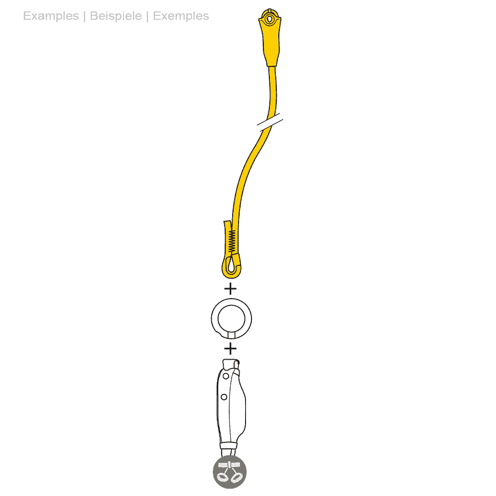 Drawing of a yellow belay device with rope, a ring and another part underneath, inscription in English, German and French Jane-I