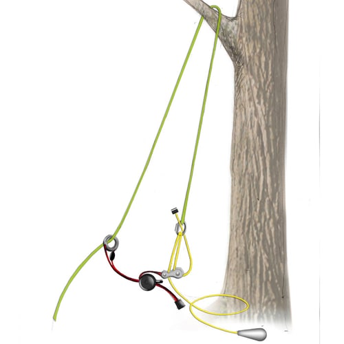 Quick-Kit, illustration of a tree with green rope attached to it and yellow rope with metal parts
