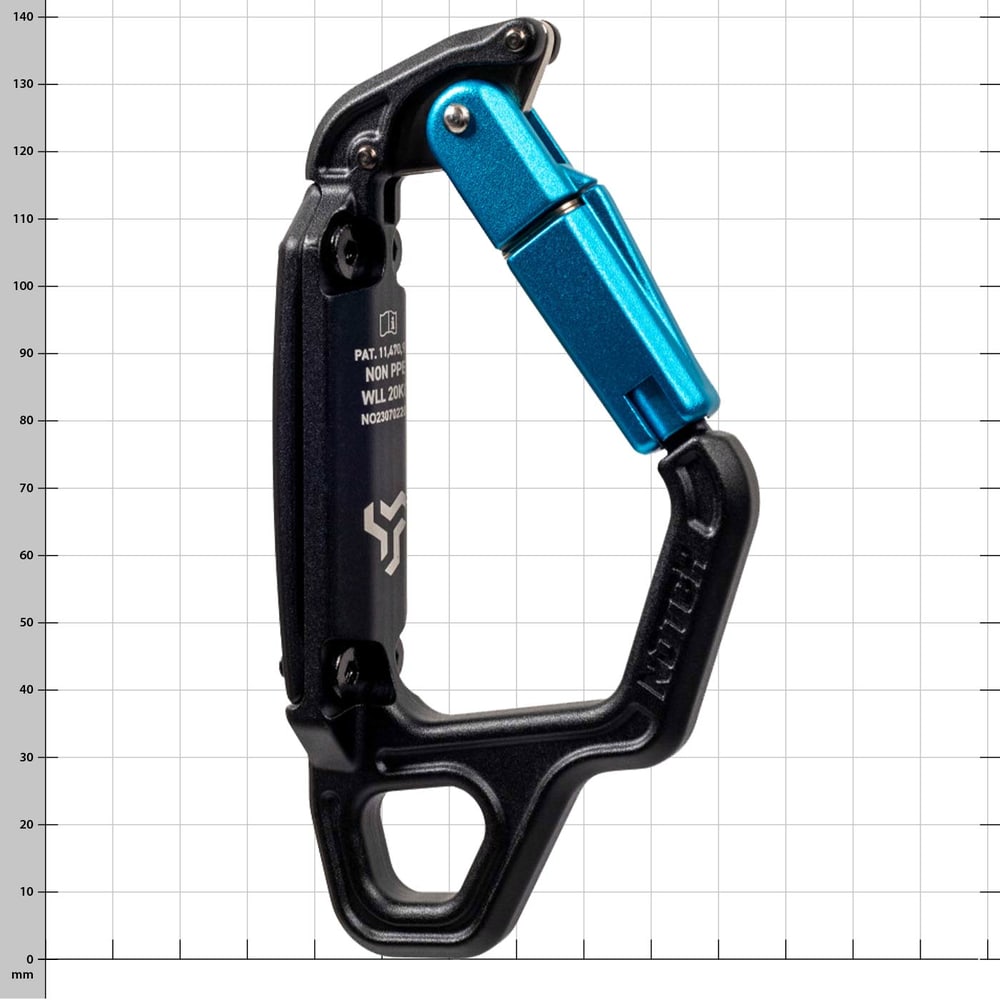 Swinger snap hook with blue clasp and black body, product name visible
