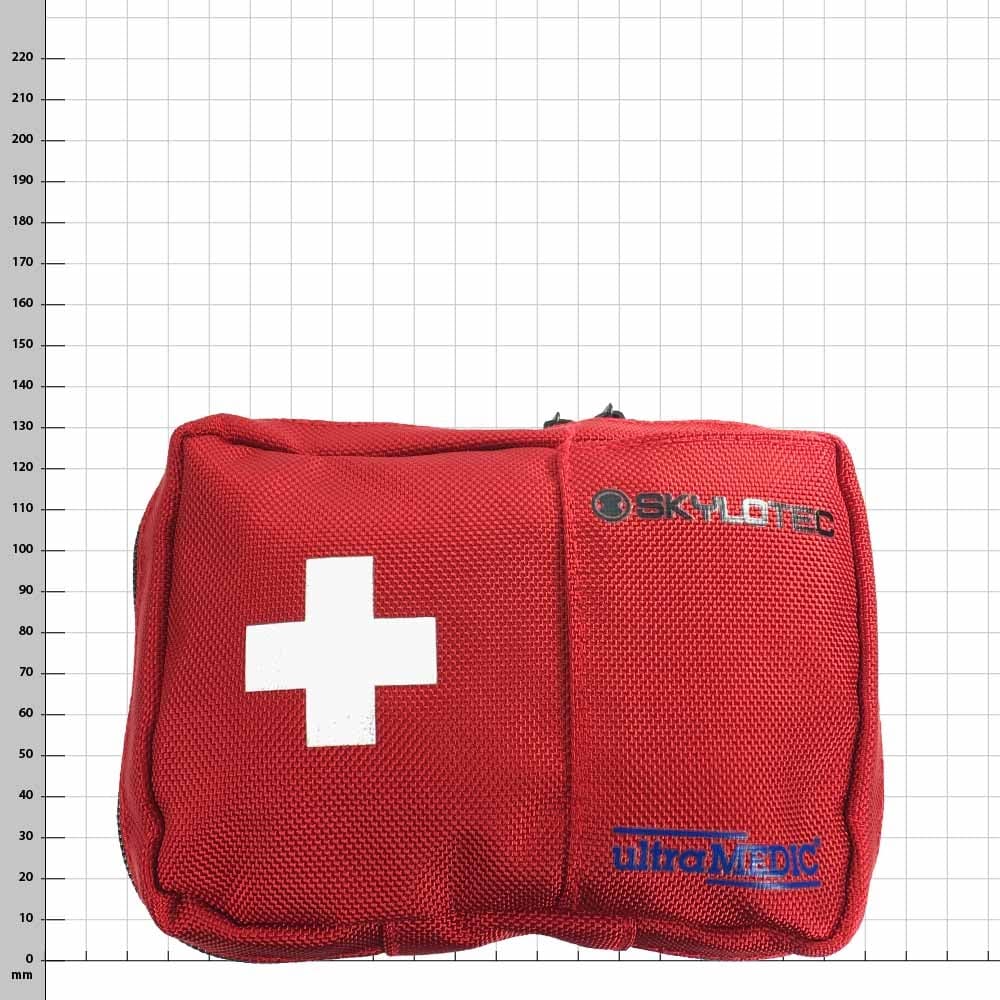 First aid bag from Skylotec in red with white cross and logos from Skylotec and UltraMedic on the front, rectangular shape made of robust fabric