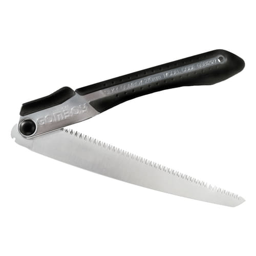 Gomboy 270-10 Folding saw half open with black handle and silver saw blade, manufacturer name Gomboy visible