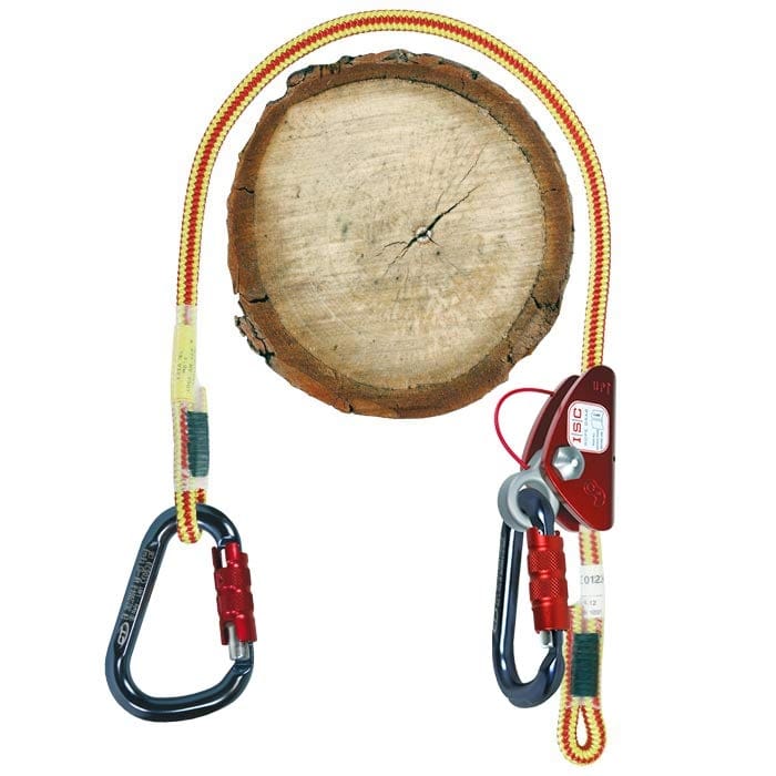 XP-e Complete belay kit with red and yellow rope, snap hook and red belay device placed around a tree trunk