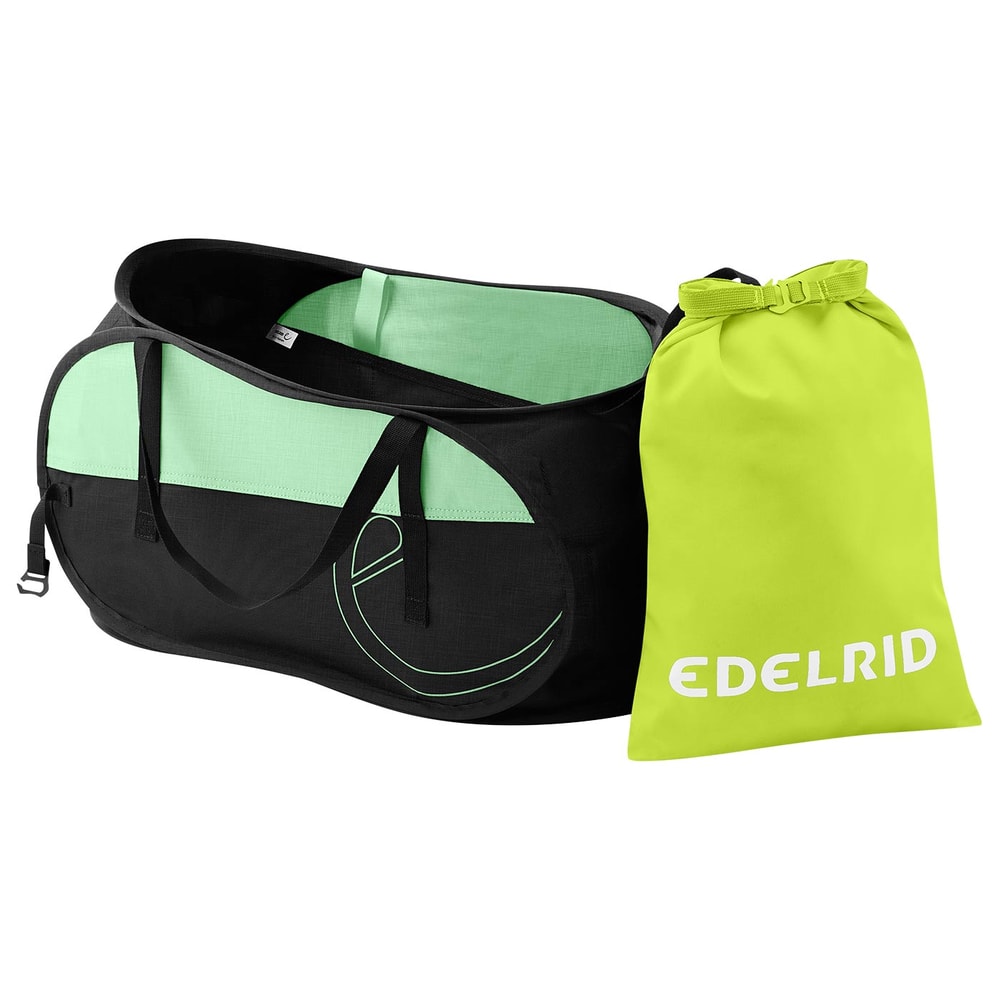 Spring Bag 30 by Edelrid in black and mint green with two handles and a small bag in neon yellow with white Edelrid logo