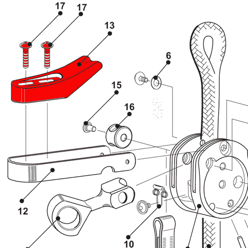 Technical drawing with numbered individual parts, including the red SpiderJack 2.1 brake wood, various screws, discs and other components