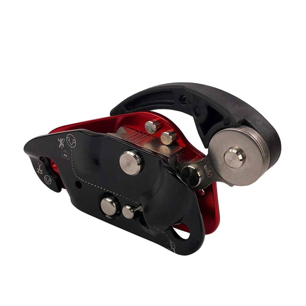 Via ferrata LOV3, manufacturer TAZ, red-black, other side view with metal rollers and pictograms