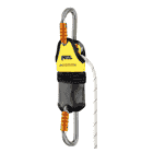 Close-up of the Petzl JAG system with white rope, yellow label, black mesh bag and two silver carabiners with orange clasps