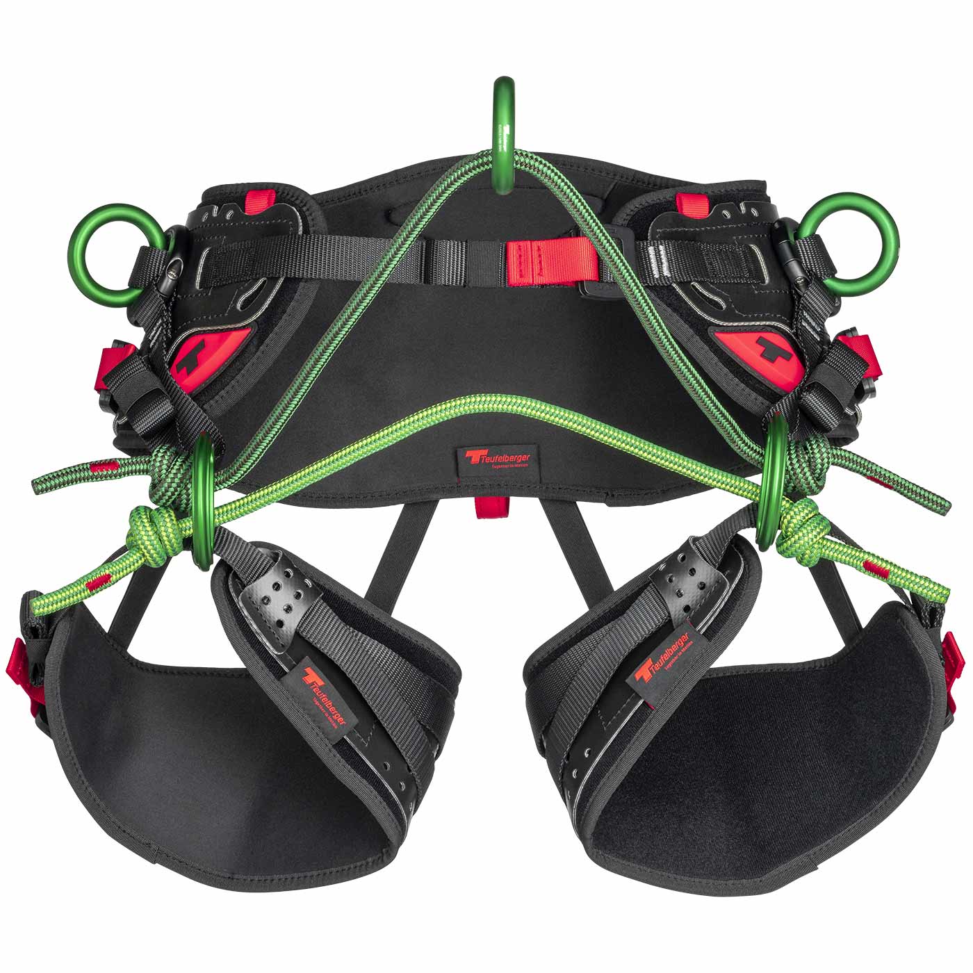 Tree climbing harness treeMOTION Essential X in black with green metal rings and green ropes, manufacturer Teufelberger