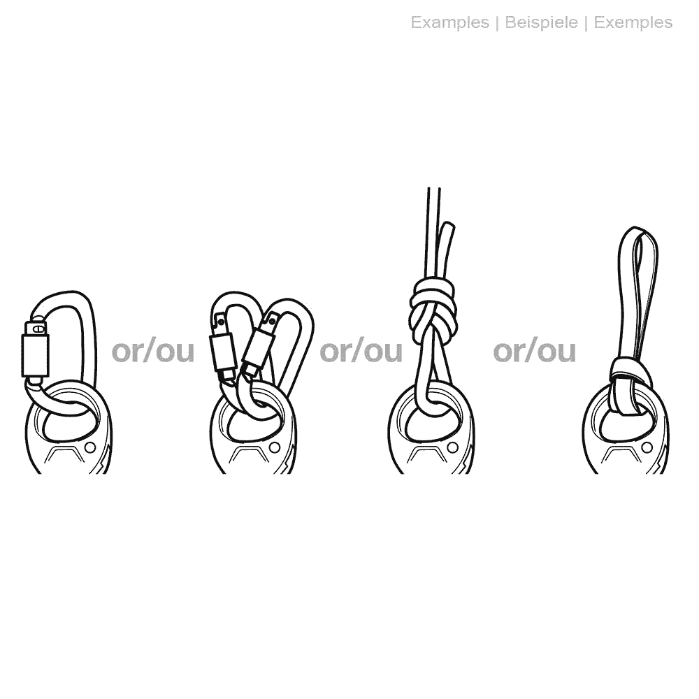 Black and white drawing of four different attachment types for the Petzl Spin L1 pulley with carabiners and rope loops