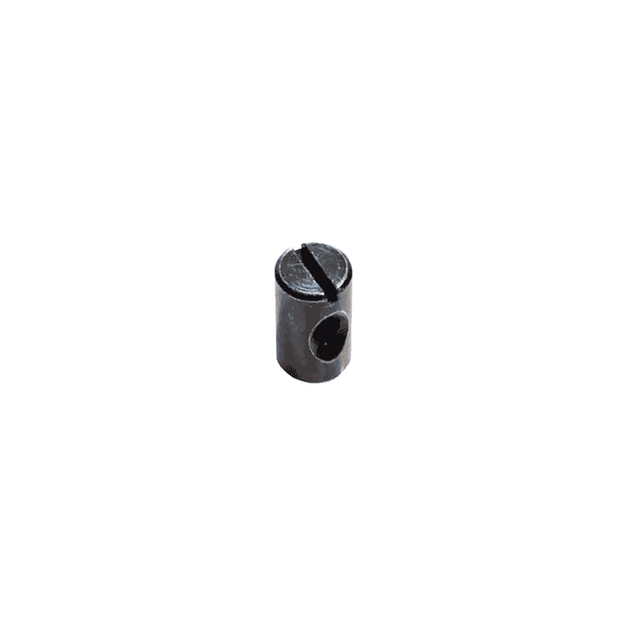 Tri-Guard T-connector, small cylindrical metal connector with slotted screw on top and hole on the side.