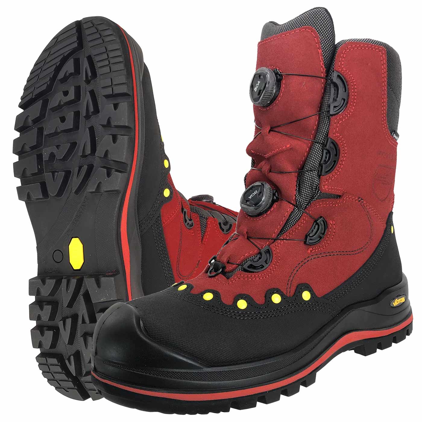 BOA® cut protection shoe in red and black with yellow accents, black sole with profile and two black twist closures at the front
