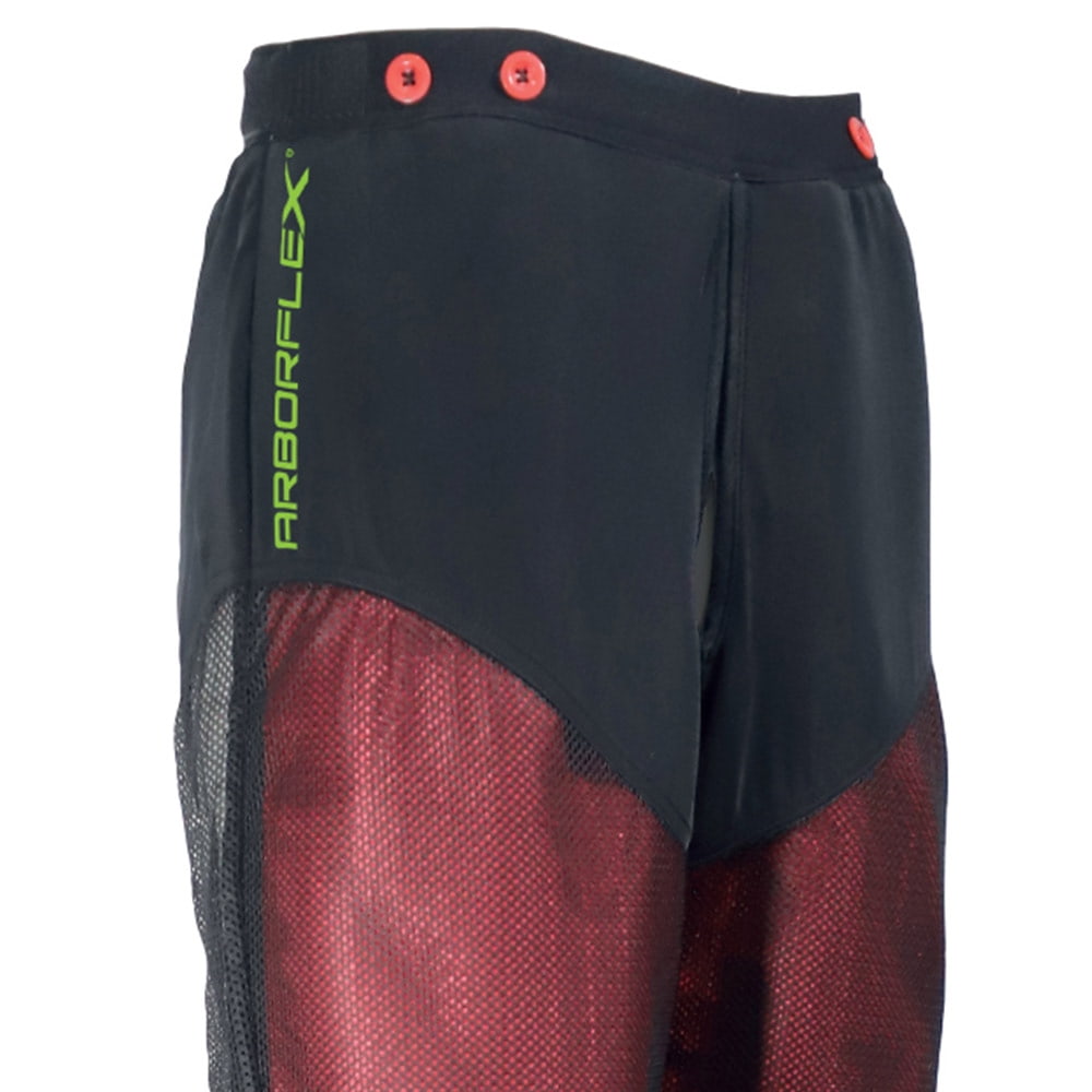 Close-up of the upper half of the Arborflex Base A trousers in black and red with green lettering "ARBORFLEX" and red buttons on the waistband