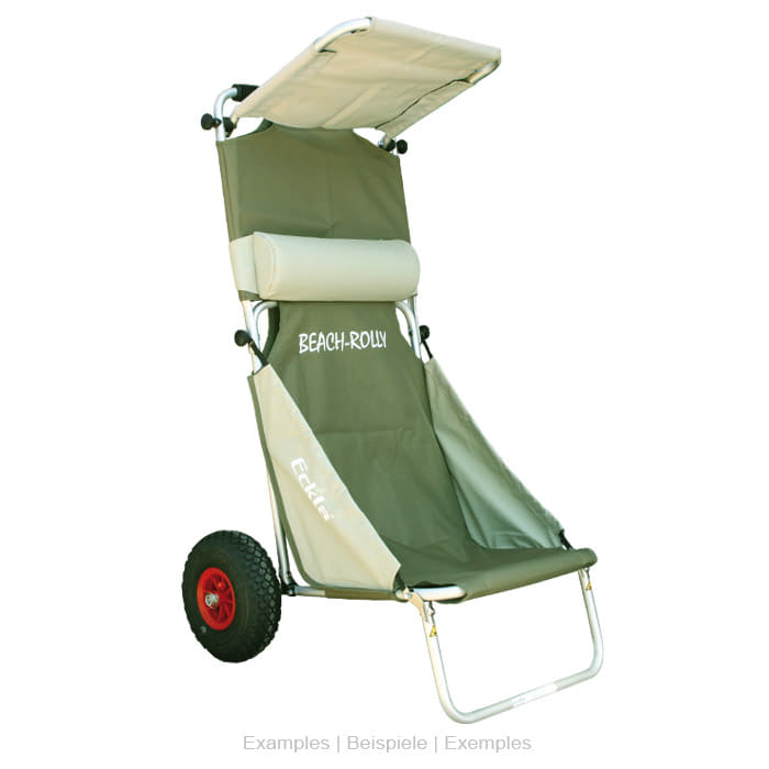 Beach Rolly beach wheelchair with green-beige fabric, aluminum frame, sun canopy and bolster, two large red tires are visible