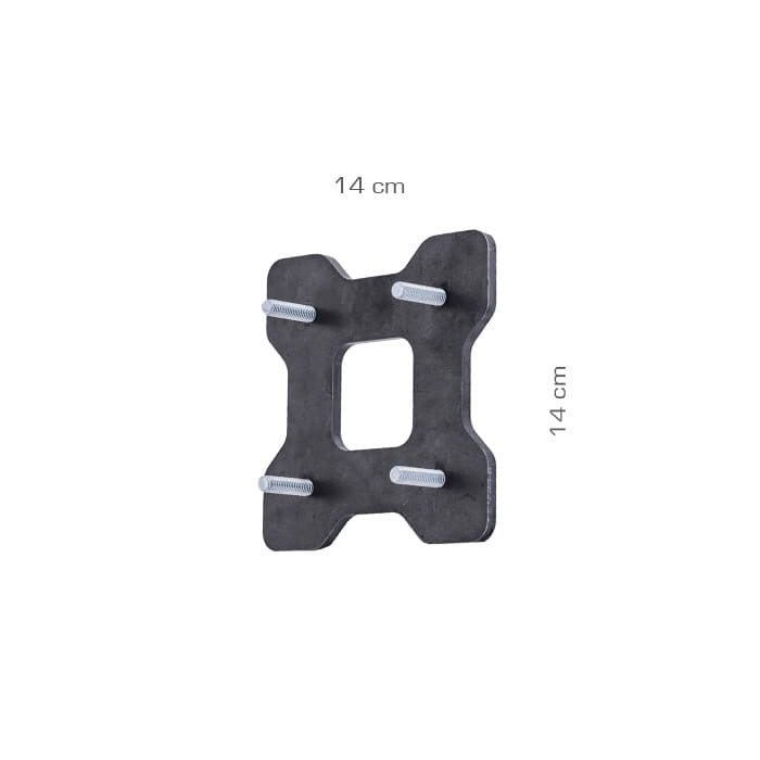 Mounting plate short, black square metal plate with four screws and a square cut-out in the middle, dimensions 14 cm x 14 cm