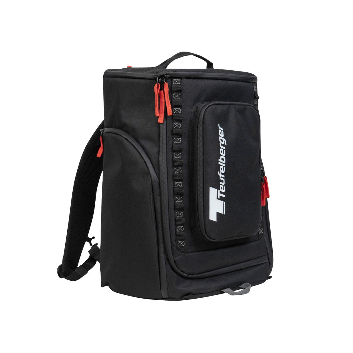 Black backpack Baby Mule, manufacturer not visible, rectangular shape with red zippers and side pocket with imprint "Teufelberger"