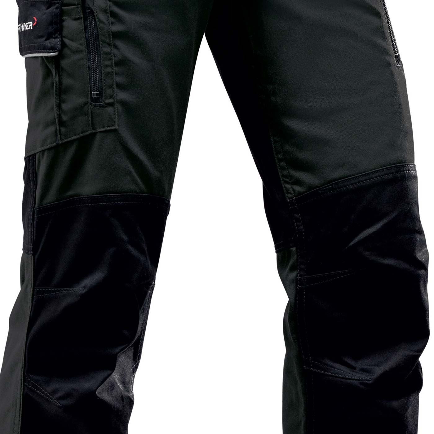 Close-up of black StretchFlex® Cancool pants with reinforced knees and pockets, focus on the middle of the leg