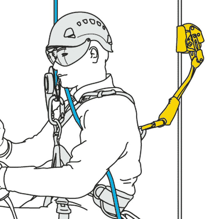 Drawing of a climber wearing a helmet and goggles secured to a rope with a yellow belay device attached to the wall and connected to the climber with a yellow connector