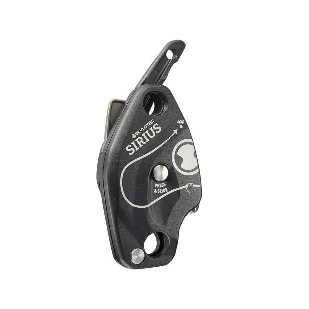 Sirius by Skylotec, black rope device with lever and inscription "Press & Slide" and "SIRIUS"