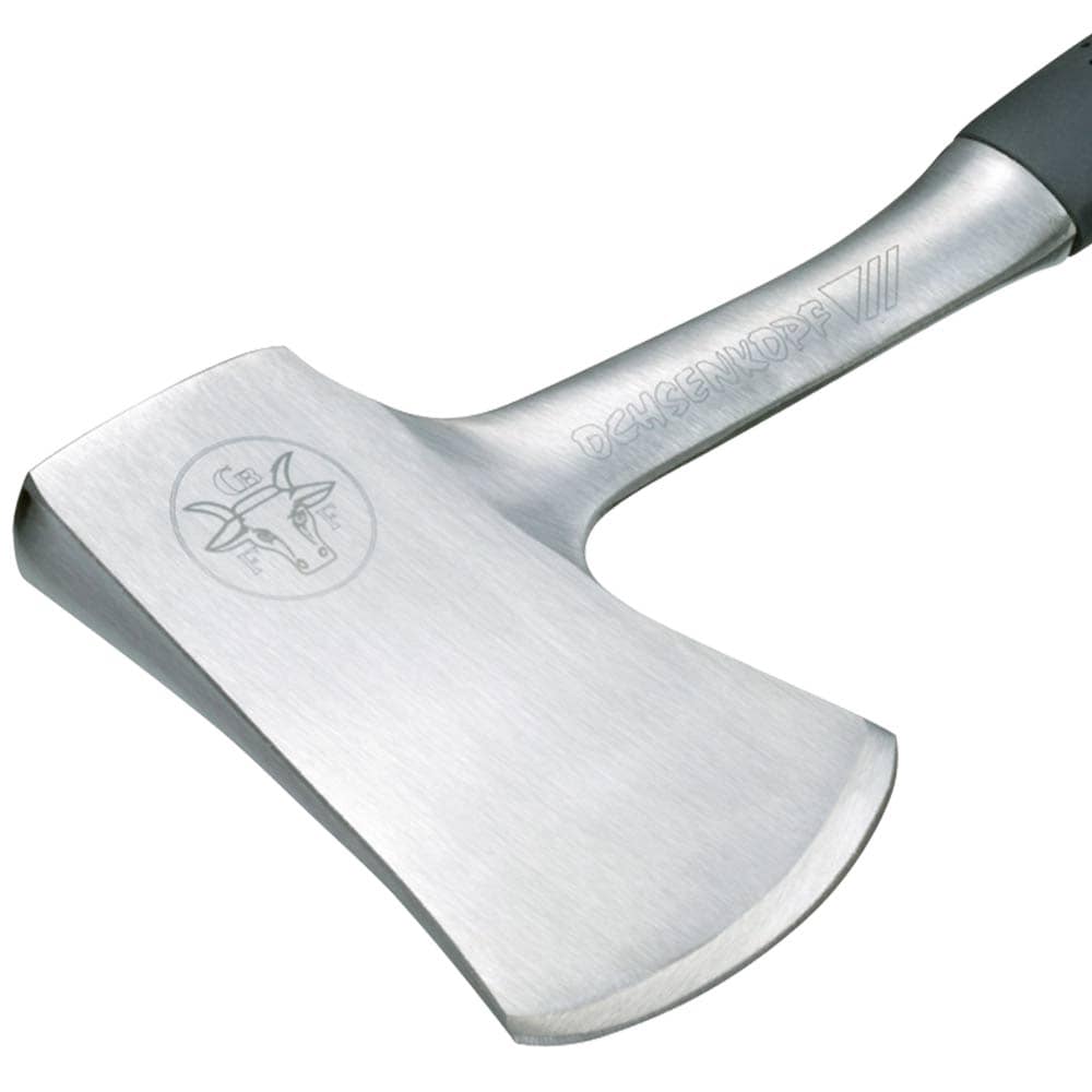 Close-up of the silver blade and handle of the all-steel axe 350 with engraved Ochsenkopf logo and the inscription "OCHSENKOPF"