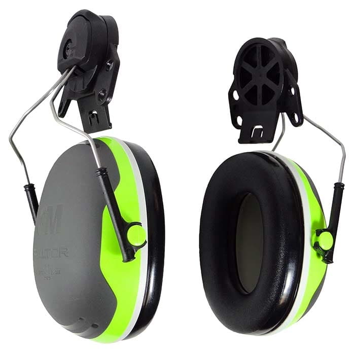 Hearing protection X4 Plug by 3M Peltor in grey and green, with black temple and padding, front and rear view