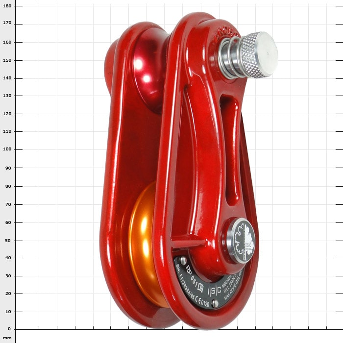 Blockbuster pulley, red with orange pulley and silver knob, against a white background with grid measurements