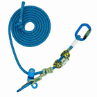 hipSTAR Glide 11.5 blue rope coiled with two blue carabiners and metal eyelet, wrapped with green-yellow rope
