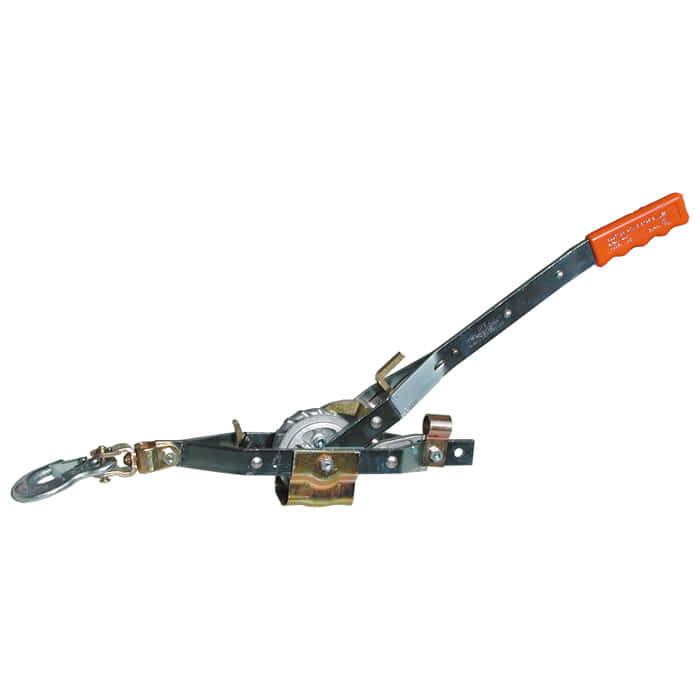 Rope puller with metal frame, lever with orange handle and metal hook