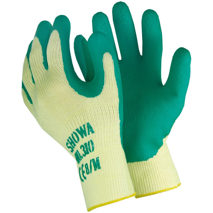 Showa Standard Work Gloves, yellow-green, with green coated palms and fingers, with the inscription "SHOWA No. 310 CE8/M" on the back