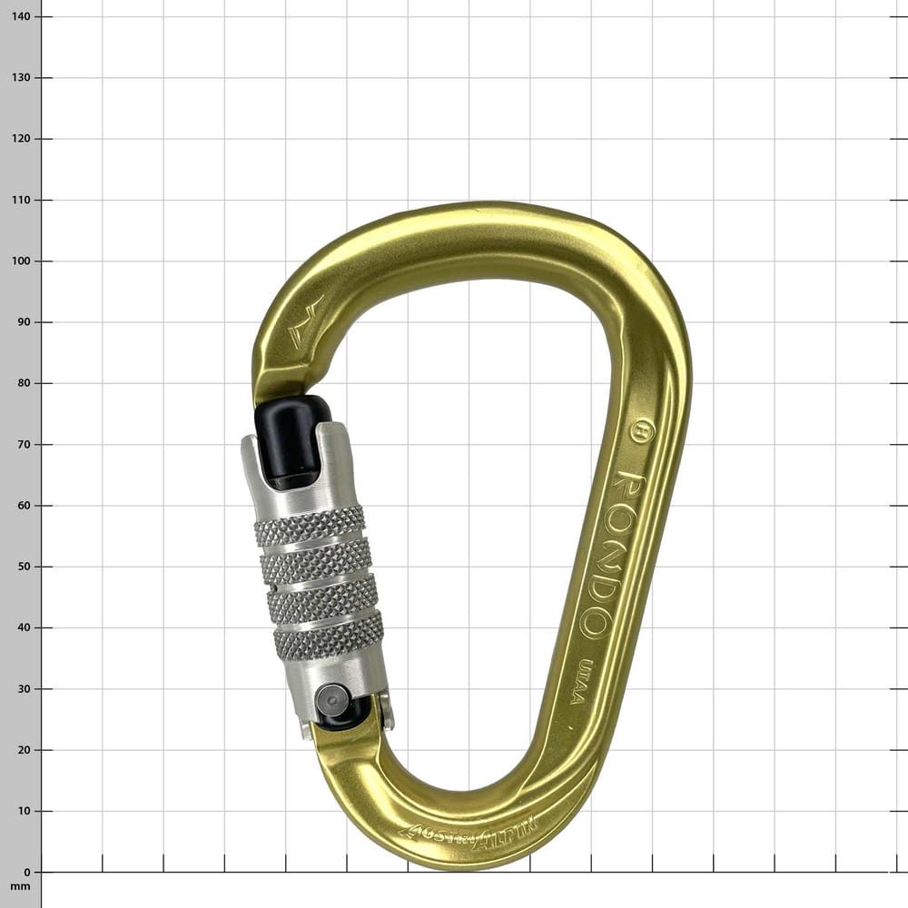 Carabiner Rondo 4 in gold with silver screw cap, manufacturer's name "Rondo" visible