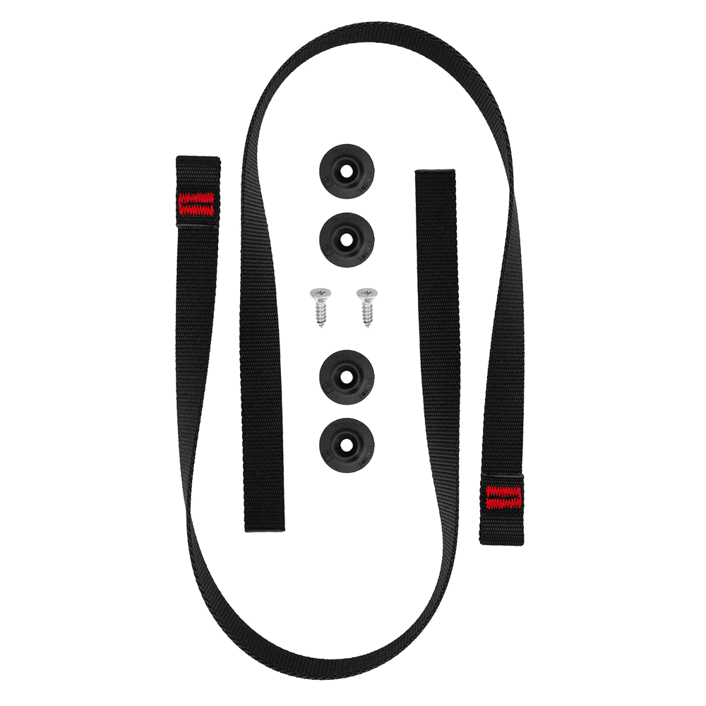 Kinisi hip/leg connection, black band with red stitching, four black plastic rings and two small silver screws