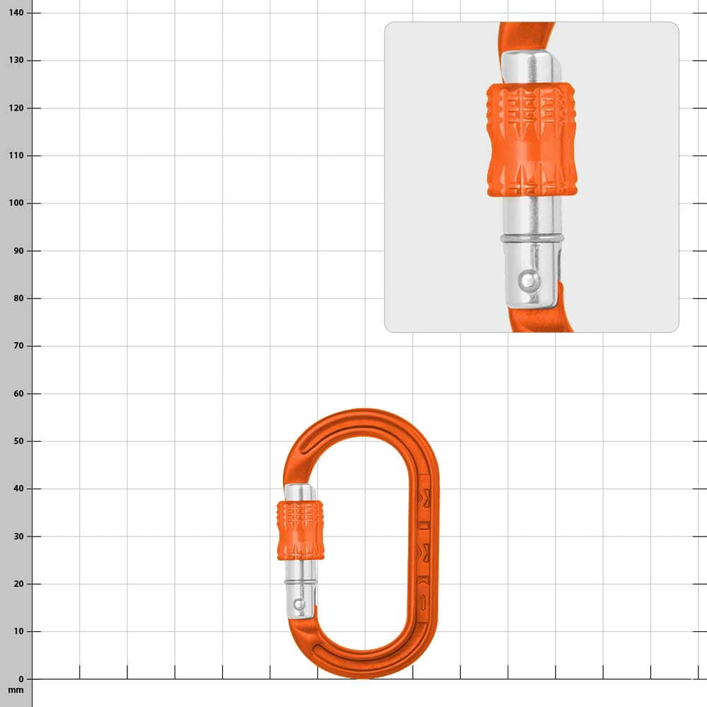 XSRE Lock, manufacturer not visible, orange carabiner with orange closure, close-up of the closure at the top right