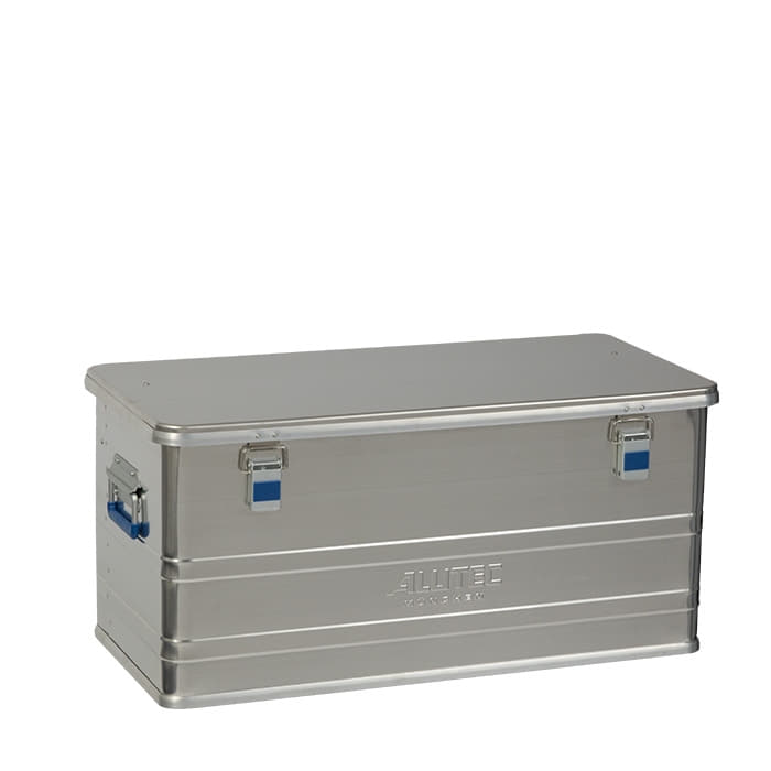 Alubox Comfort 92, closed silver aluminium box with blue handles and closures, manufacturer ALUTEC