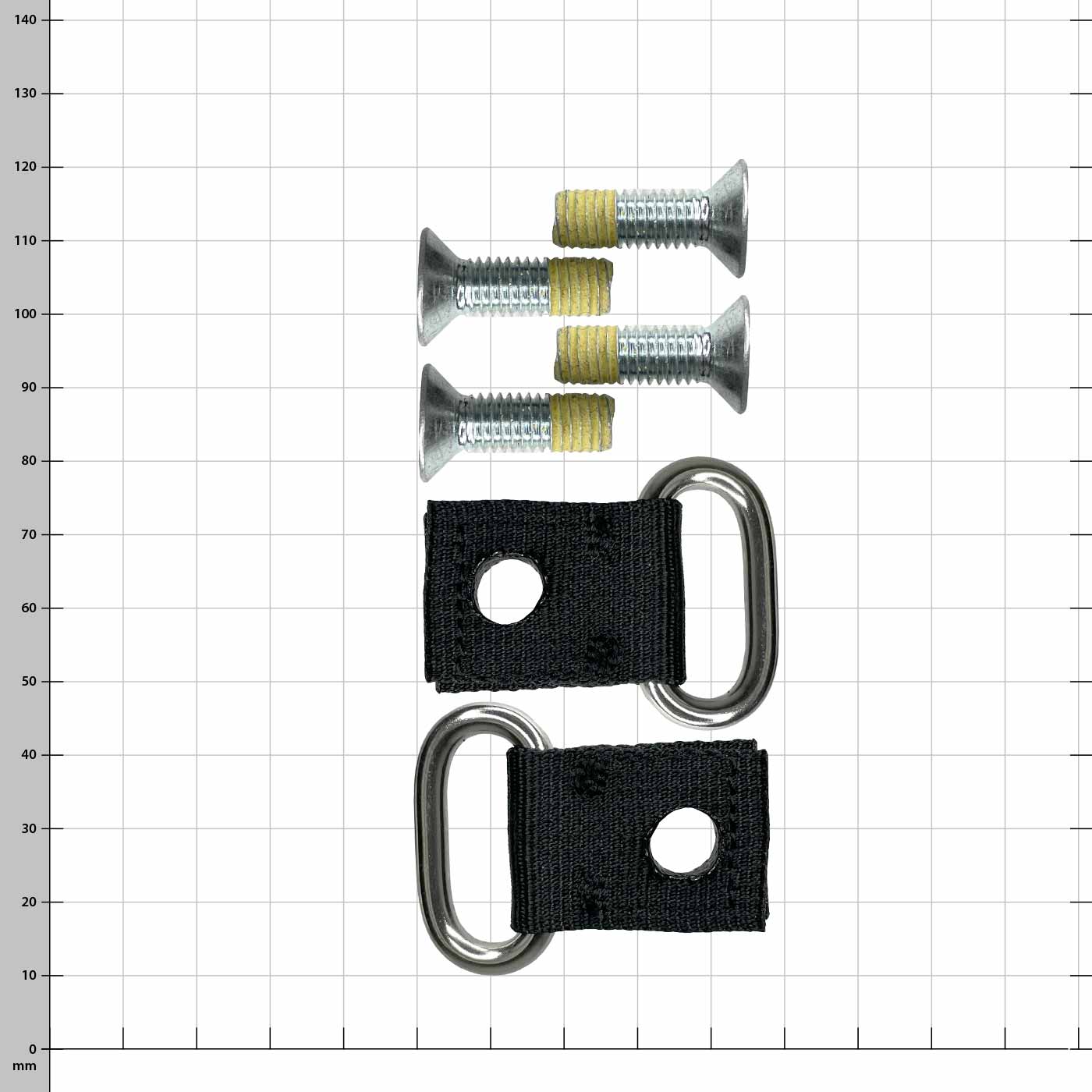 Thistle guide eye for leather strapping consisting of two black fabric loops with metal eyelets and four silver screws with yellow threaded part on a checkered background