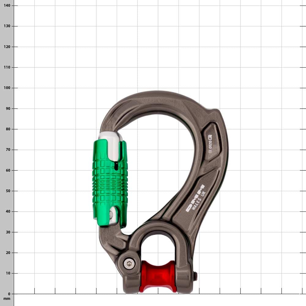 Director Yoke carabiner with green clasp and red roller, brown-gray metal case