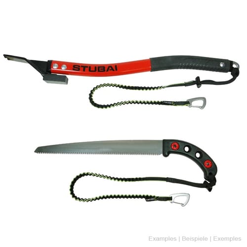 Tool Safety Leash by Edelrid, elastic safety leashes attached to a red tool with a black handle and to a saw with a black handle