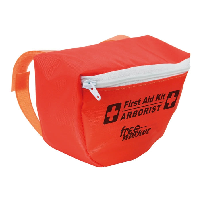 Freeworker First Aid Kit, red first aid kit with white zipper and inscription "First Aid Kit ARBORIST freeworker" on the front, with orange Velcro strap